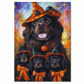 Newfoundland Dog Halloween Canvas Wall Art with Witch Hat and Pumpkins Rustic Fall Farmhouse Decor on Ready to Hang 1.5" Thick Canvas Wrap, Floating Framed Canvas, Flat Rolled Canvas